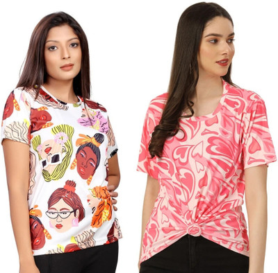 Apachee Washed/Ombre Women Round Neck Multicolor T-Shirt