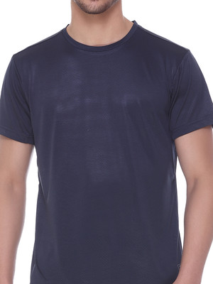 On-Vers Self Design Men Round Neck Navy Blue T-Shirt