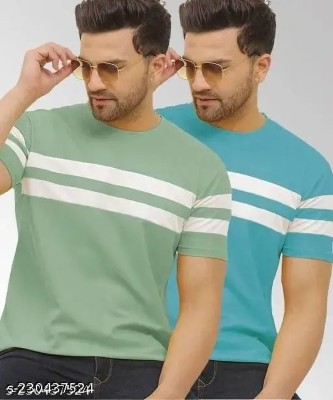 Denzolee Striped Men Round Neck Light Blue, Dark Green T-Shirt