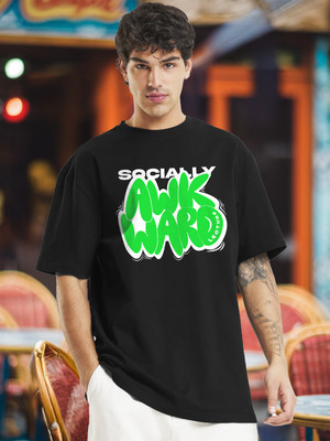JUST ROAR Printed Men Round Neck Black T-Shirt