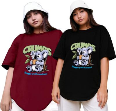 RS FASHION Graphic Print Women Round Neck Maroon, Black T-Shirt