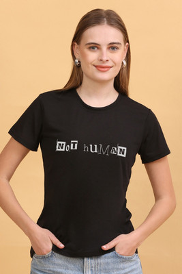 HOUSEOFFASHION Printed Women Round Neck Black T-Shirt