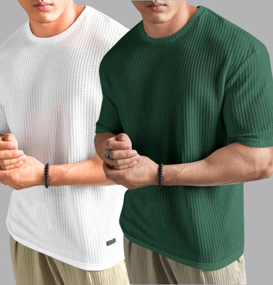 Lets Create Self Design Men Round Neck Dark Green T-Shirt