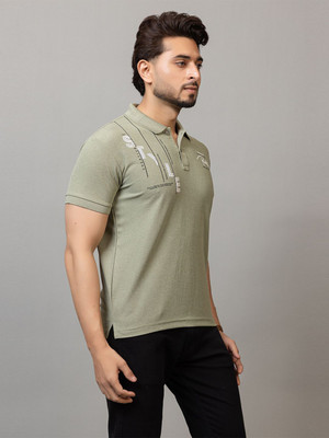 RosyRains Printed Men Polo Neck Green T-Shirt