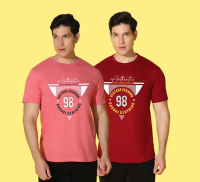 WOOSTRO Printed Men Round Neck Pink, Red T-Shirt