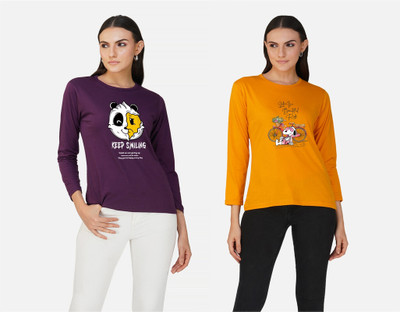 CHOZI Printed Women Round Neck Yellow, Purple T-Shirt