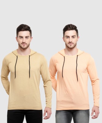 Adorbs Solid Men Hooded Neck Beige T-Shirt