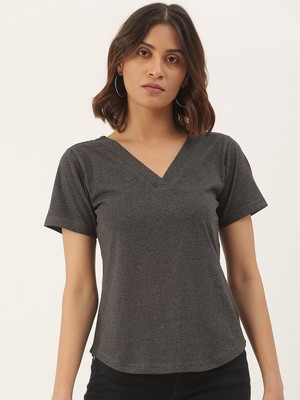 BRINNS Solid Women V Neck Grey T-Shirt