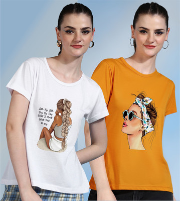 METRONAUT Printed Women Round Neck White, Yellow T-Shirt