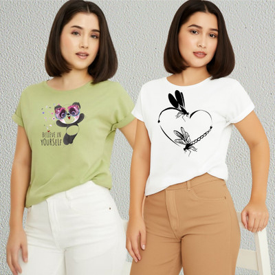 Lecowar Printed Women Round Neck Green, White T-Shirt