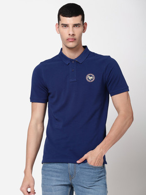 LEE Solid Men Polo Neck Dark Blue T-Shirt