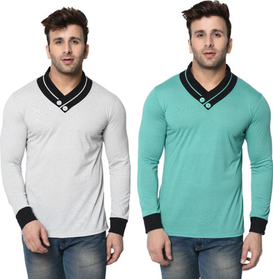 Tresna Trending Self Design, Solid Men Shawl Neck Grey, Light Green T-Shirt