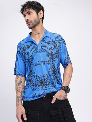 Glitchez Printed Men Polo Neck Blue T-Shirt