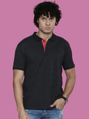 BURRMELLOW Solid Men Polo Neck Black T-Shirt