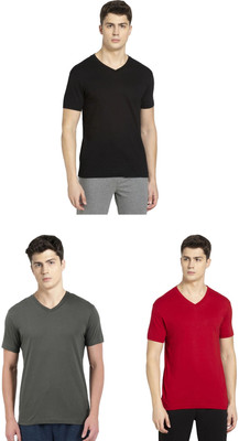 JOCKEY Solid Men V Neck Black, Dark Green, Red T-Shirt