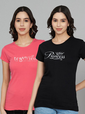 Trend Level Typography Women Round Neck Pink, Black T-Shirt