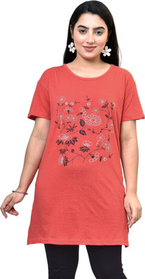 Zapblack Floral Print Women Round Neck Orange T-Shirt