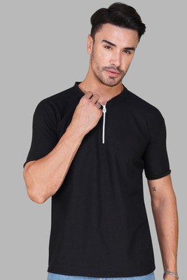 NB NICKY BOY Self Design Men Mandarin Collar Black T-Shirt