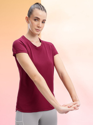 HRX by Hrithik Roshan Solid Women Round Neck Maroon T-Shirt