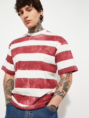 MAX Striped Men Round Neck Red T-Shirt