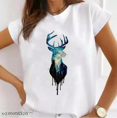RiseMex Printed Women Round Neck White T-Shirt