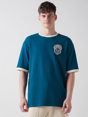 BEWAKOOF Self Design Men Round Neck Blue T-Shirt