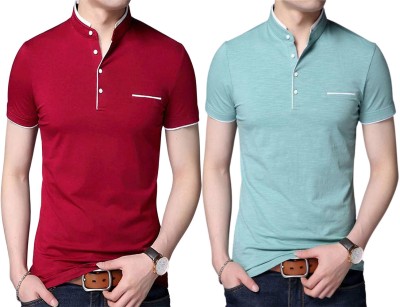 Yezi Solid Men Mandarin Collar Red, Light Blue T-Shirt