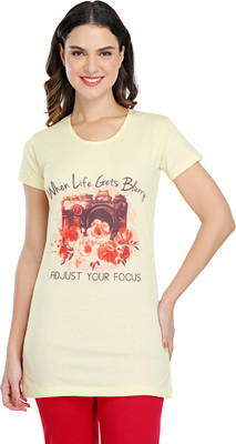 BODYACTIVE Printed Women Round Neck Yellow T-Shirt