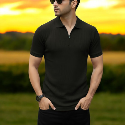 The Stanch Self Design Men Polo Neck Brown T-Shirt