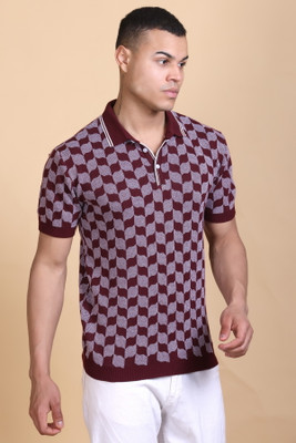 DZANT Checkered Men Polo Neck Maroon T-Shirt
