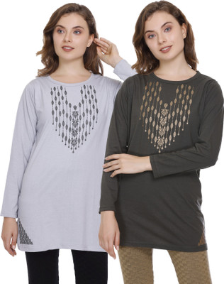 HOC Printed Women Round Neck Grey, Green T-Shirt