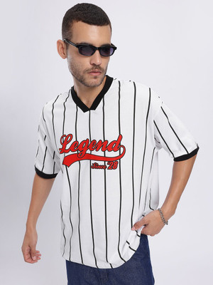 Glitchez Striped Men V Neck White T-Shirt