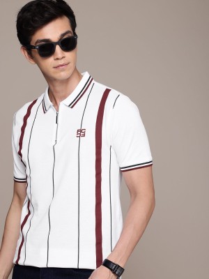 French Connection Striped Men Polo Neck White T-Shirt