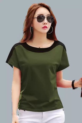 True Basket Colorblock Women Round Neck Dark Green T-Shirt