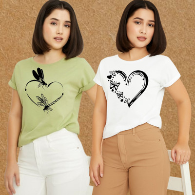 Kasendra Printed Women Round Neck Green, White T-Shirt