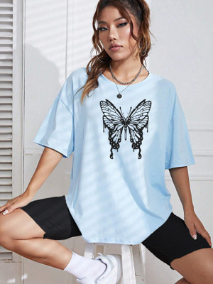 HOC Graphic Print Women Round Neck Light Blue T-Shirt