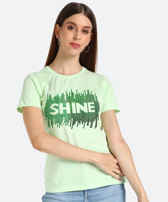 Glitzees by Glitzkart Printed, Typography Women Round Neck Light Green T-Shirt