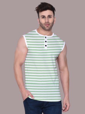 Money Leaf Striped Men Henley Neck Green T-Shirt