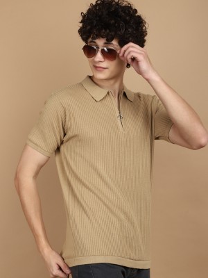 V-MART Self Design Men Polo Neck Brown T-Shirt