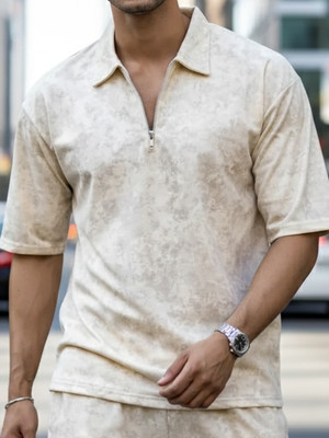 Jump Cuts Printed Men Polo Neck White T-Shirt