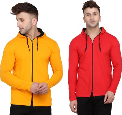 Money Leaf Solid Men Hooded Neck Red, Yellow T-Shirt