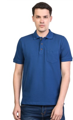 KALT Solid Men Polo Neck Blue T-Shirt