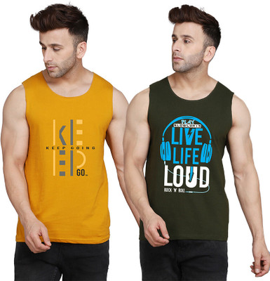 SLOWLORIS Printed Men Round Neck Dark Green, Yellow, White T-Shirt