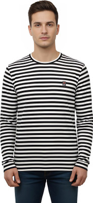 Enigmatic Striped Men Round Neck Navy Blue T-Shirt