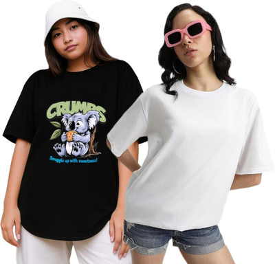 RS FASHION Printed, Solid Women Round Neck Black, White T-Shirt