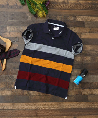 Manlino Striped Men Polo Neck Navy Blue T-Shirt
