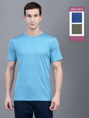 Force NXT Solid Men Round Neck Light Blue, Blue, Green T-Shirt