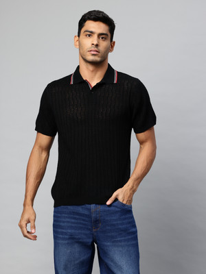 PIERRE CARLO Printed Men Polo Neck Black T-Shirt