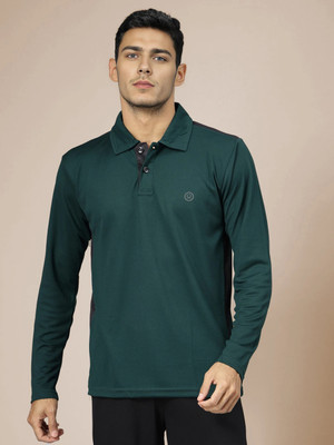 CHKOKKO Solid Men Polo Neck Dark Green T-Shirt