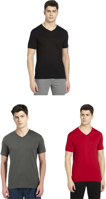 JOCKEY Solid Men V Neck Black, Dark Green, Red T-Shirt